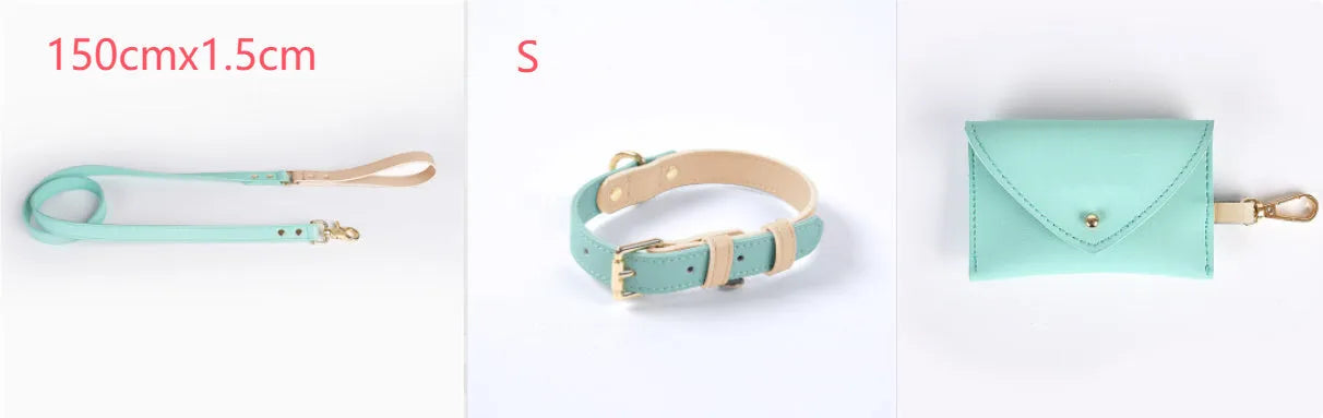 Blue leather dog leash and collar set with metal clip on a plain background
