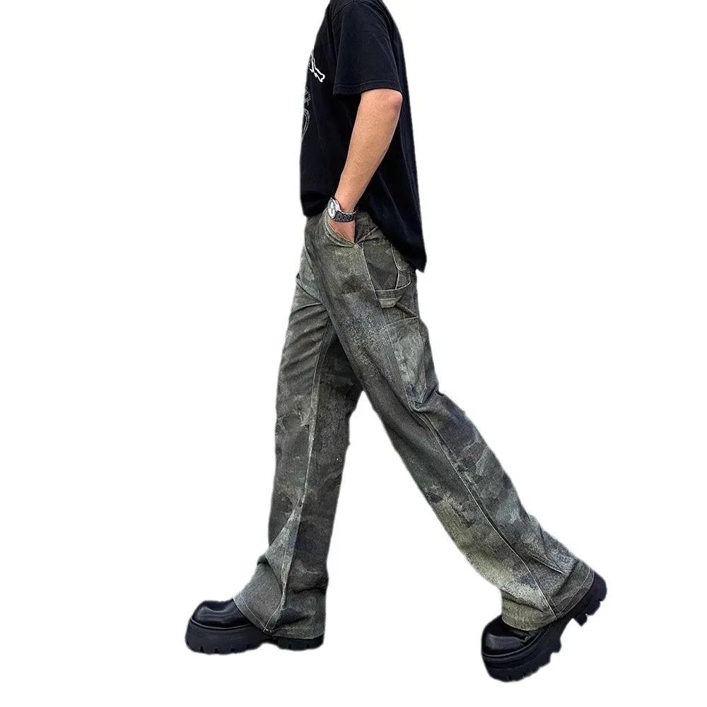 Men's straight cut camouflage jeans in cotton denim fabric showing digital pattern detailing