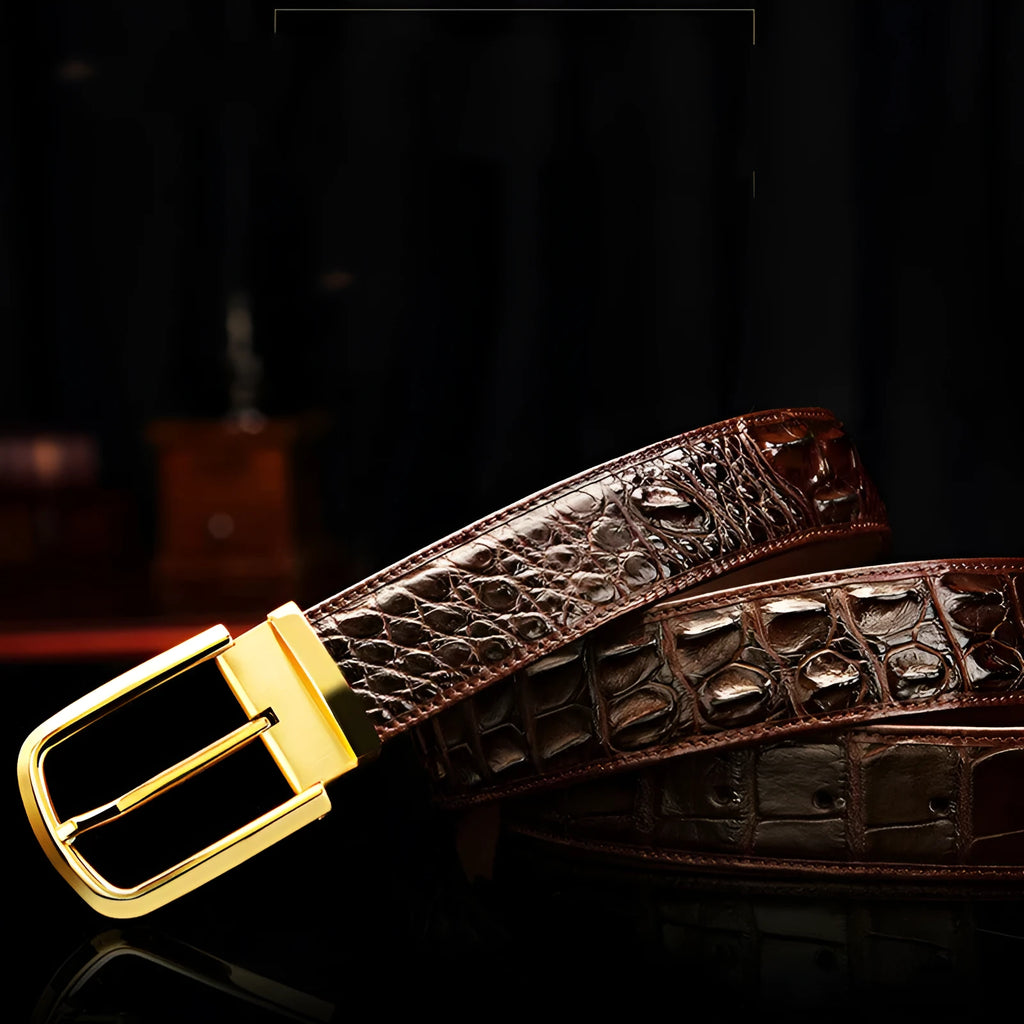 Men's crocodile skin pattern leather belt with rectangle pin buckle, black colour