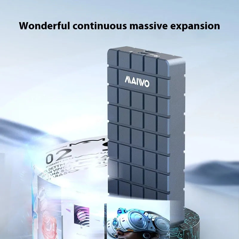 Silver aluminium USB4 external hard drive enclosure for M.2 solid state drives, shown next to its packaging.