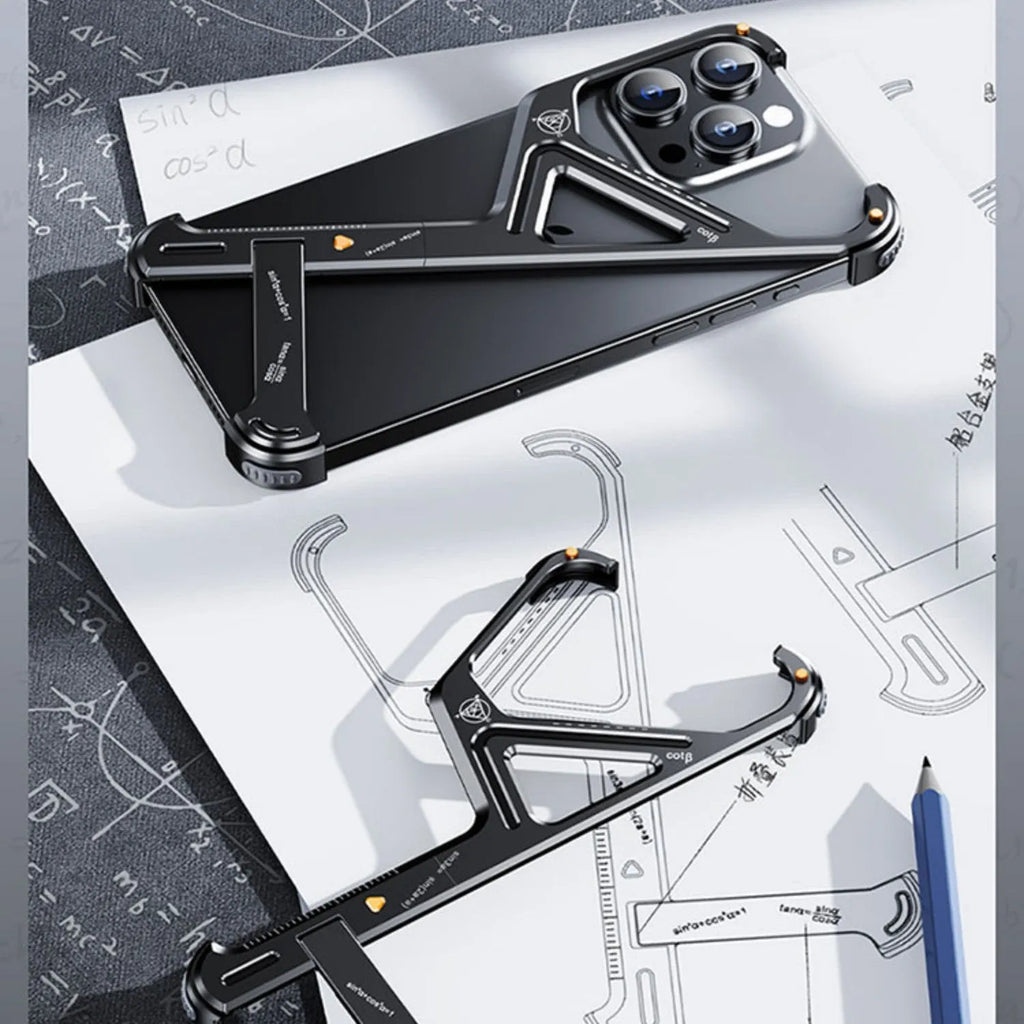 Metal borderless geometric phone case with built-in bracket for iPhone 15 Pro Max in silver
