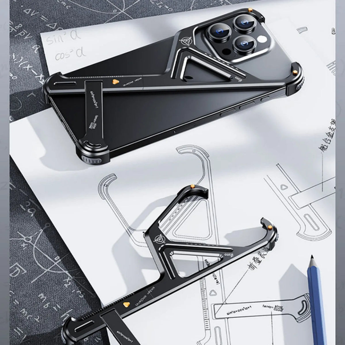 Metal borderless geometric phone case with built-in bracket for iPhone 15 Pro Max in silver