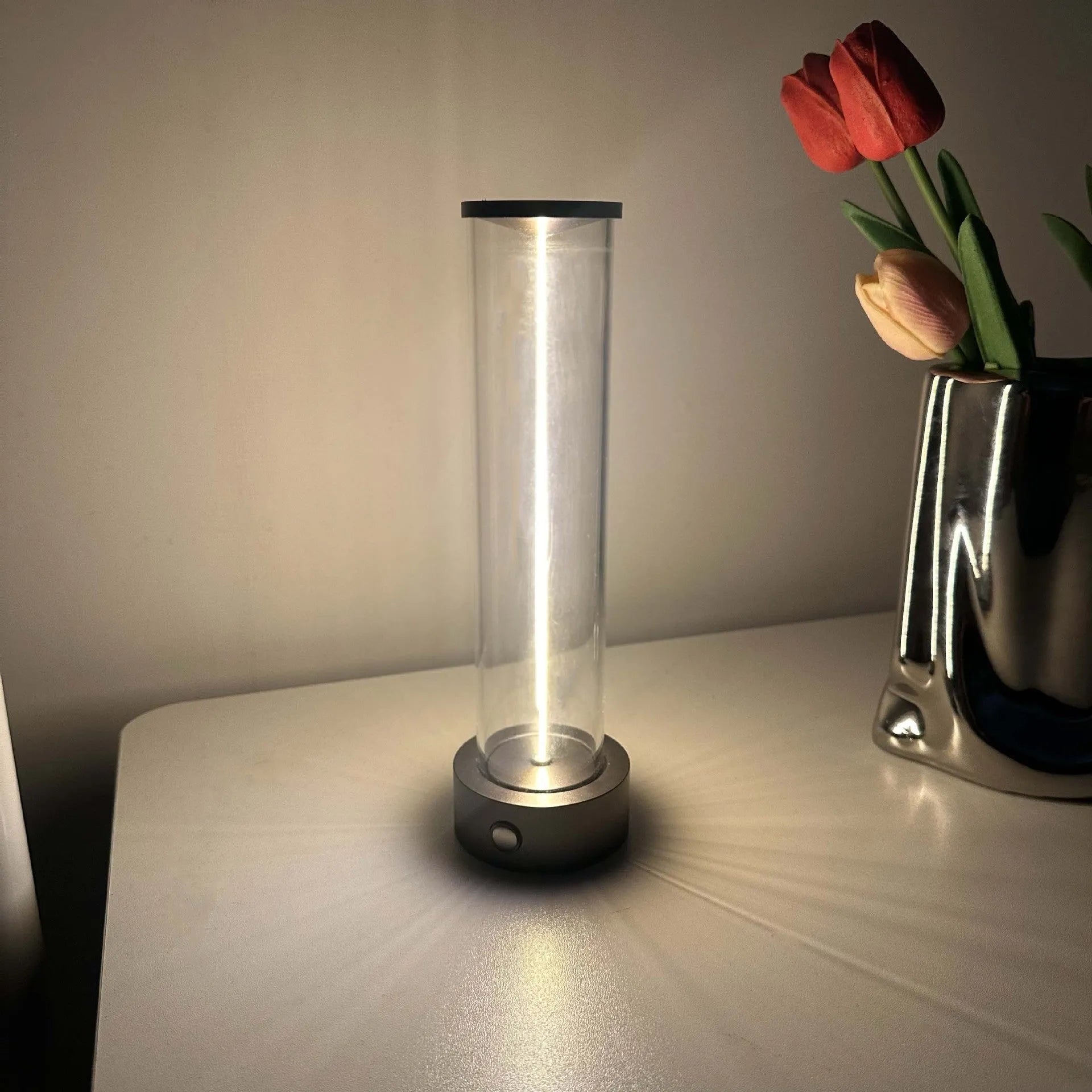 Tall, narrow modern USB LED night light strip with glass panel and magnetic base.