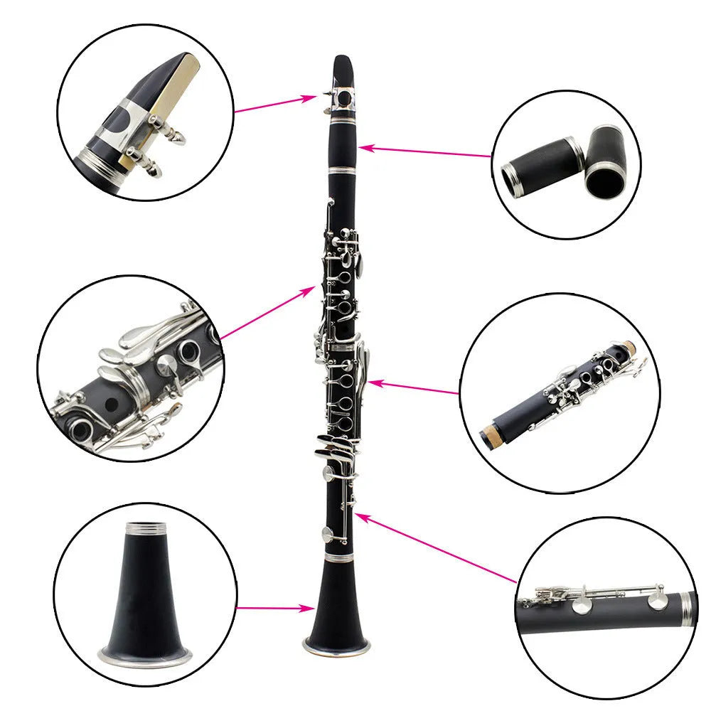 Black Bakelite body beginner clarinet with nickel-plated keys next to its included carry bag.