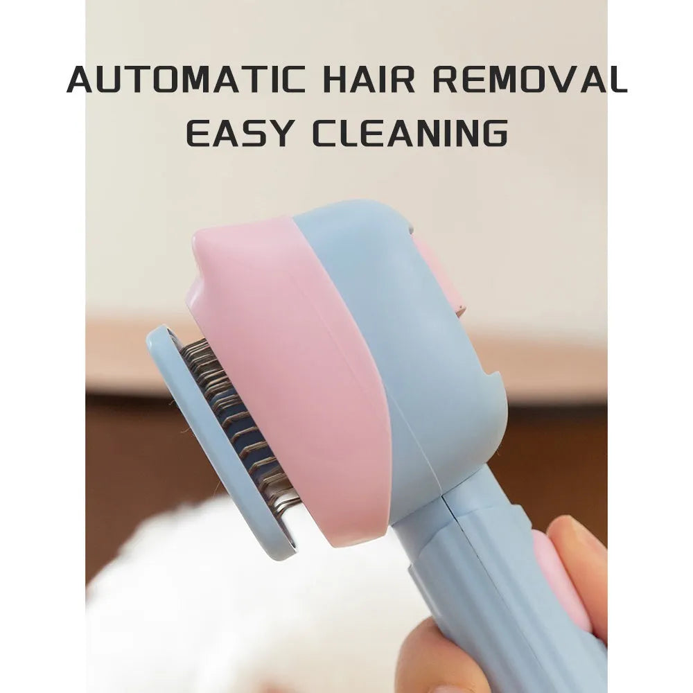 Blue double-sided pet grooming brush with deshedding rake and dematting comb on a 195mm handle.
