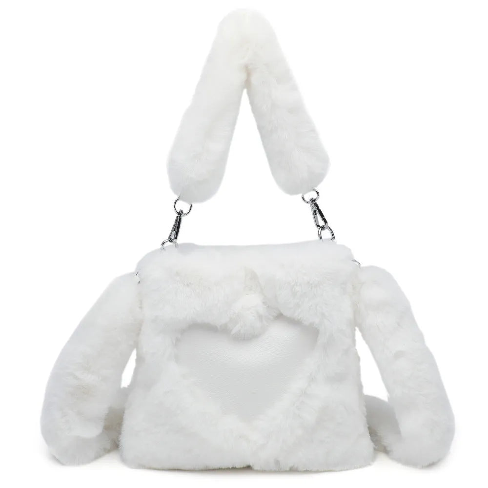Women's fluffy plush shoulder bag in brown with detachable top handle and shoulder strap on a white background