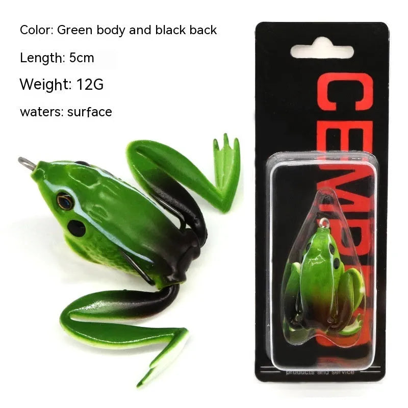 Artificial frog fishing lure with snake head design and double treble hooks in grass green colour