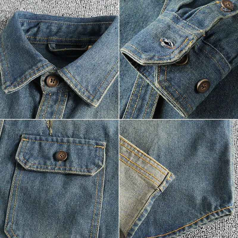 Men's light blue vintage denim shirt with loose fit and long sleeves