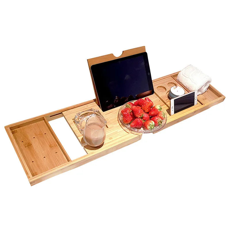 Bamboo bathtub tray rack retractable with single layer and European style for holding phablet