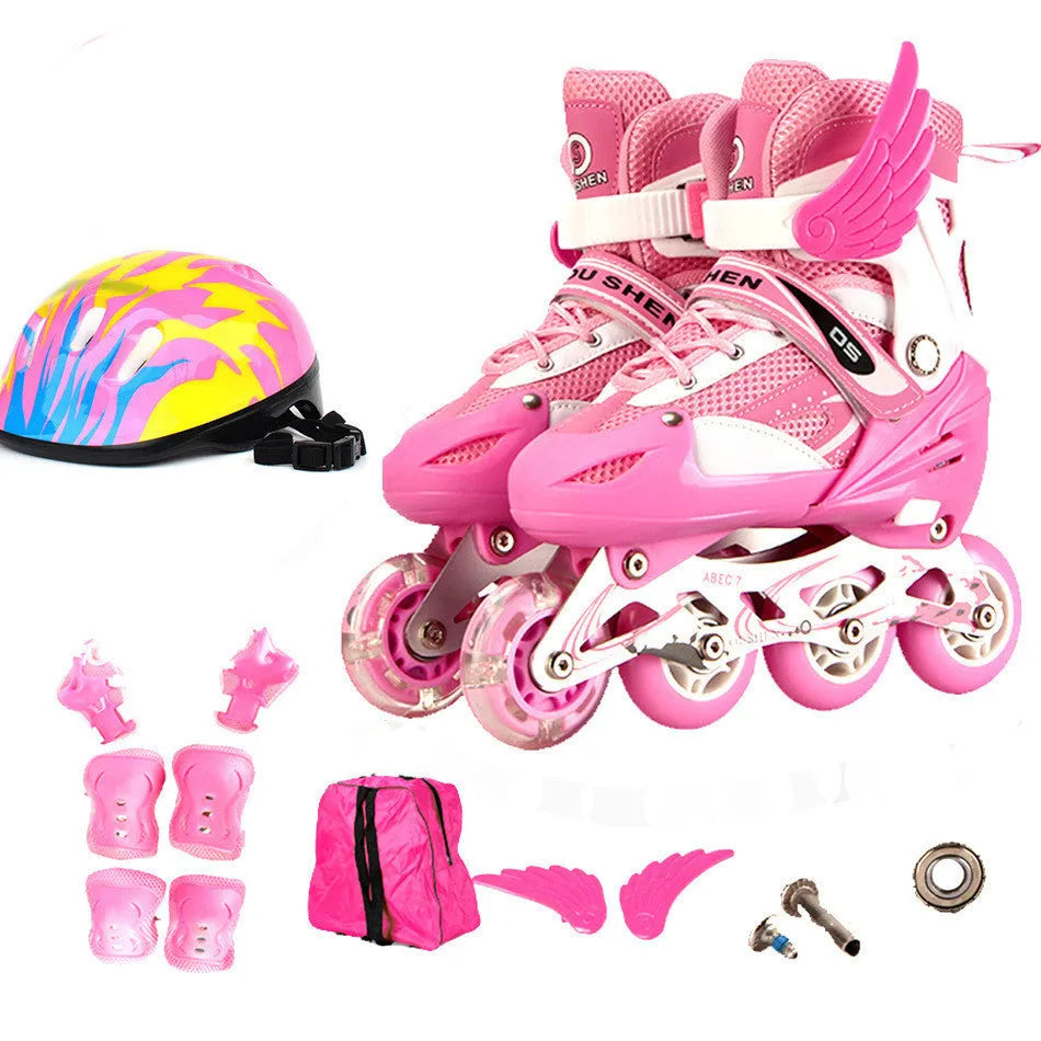 Children's adjustable PU roller skates in red with aluminium frame, shown with matching helmet, protective pads, and backpack.