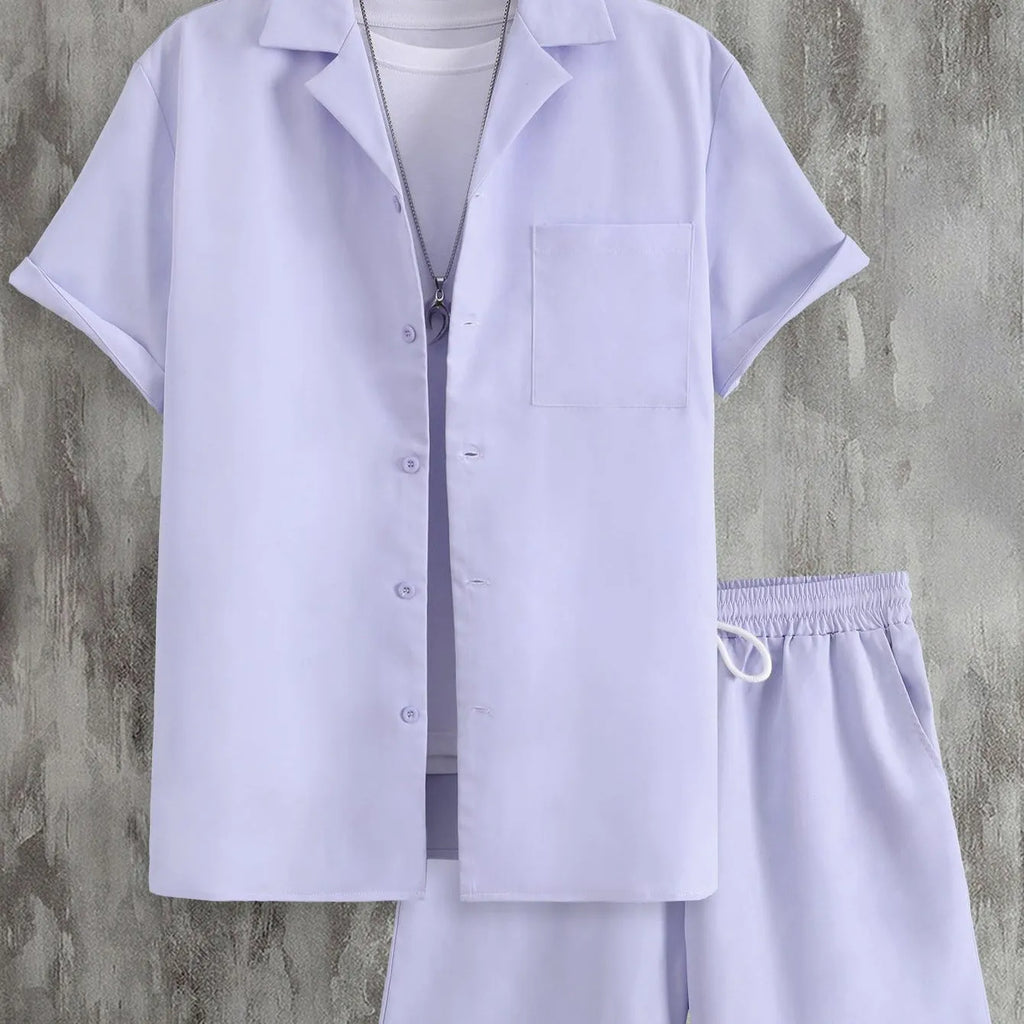 Men's short sleeve Cuban collar sport suit with matching shorts in lightweight polyester fabric