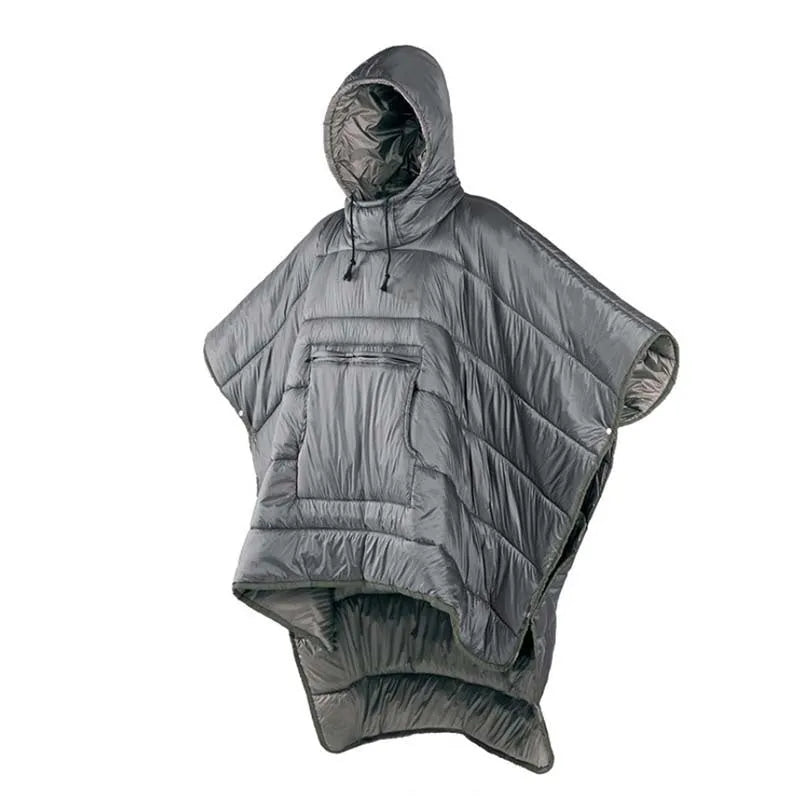 Outdoor cloak sleeping bag in Army Green or Grey, 200cm by 140cm nylon construction with hollow cotton filling