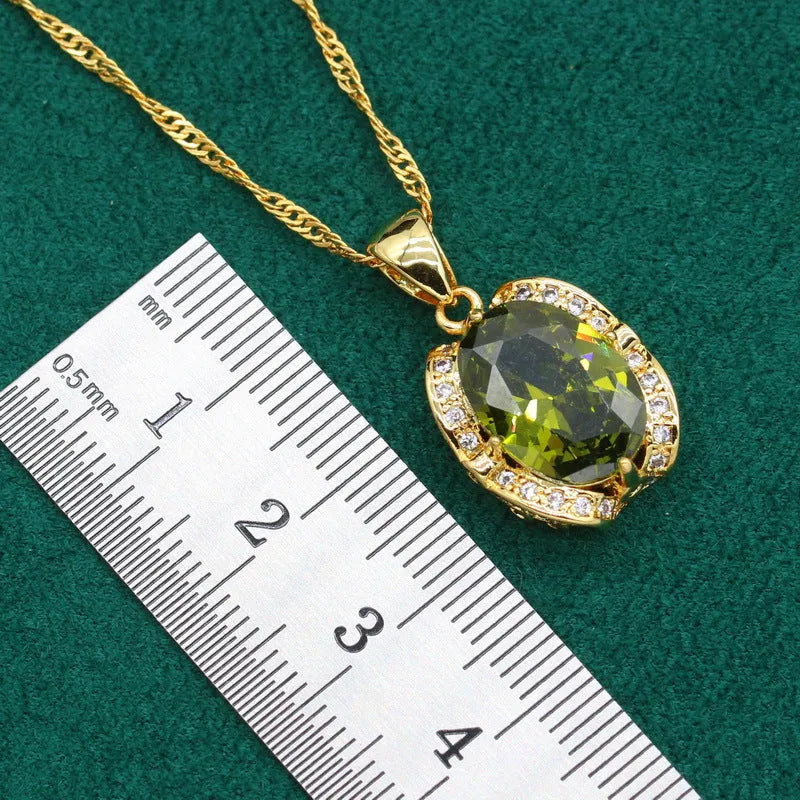 Women's full rhinestone zircon jewellery set with necklace, earrings and ring in olive green or red on snake bones chain