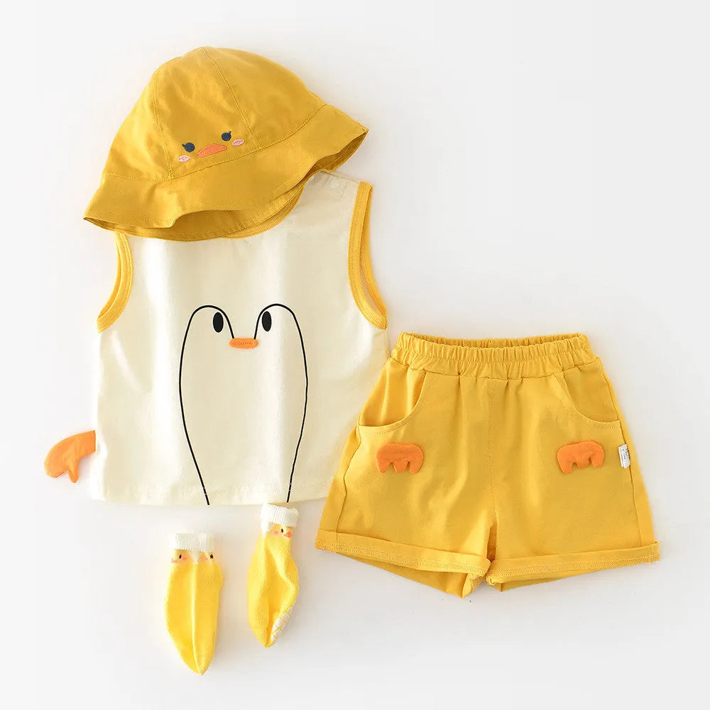 Big White Goose yellow cartoon shorts vest set for infants and toddlers, cotton blend, 73-100cm