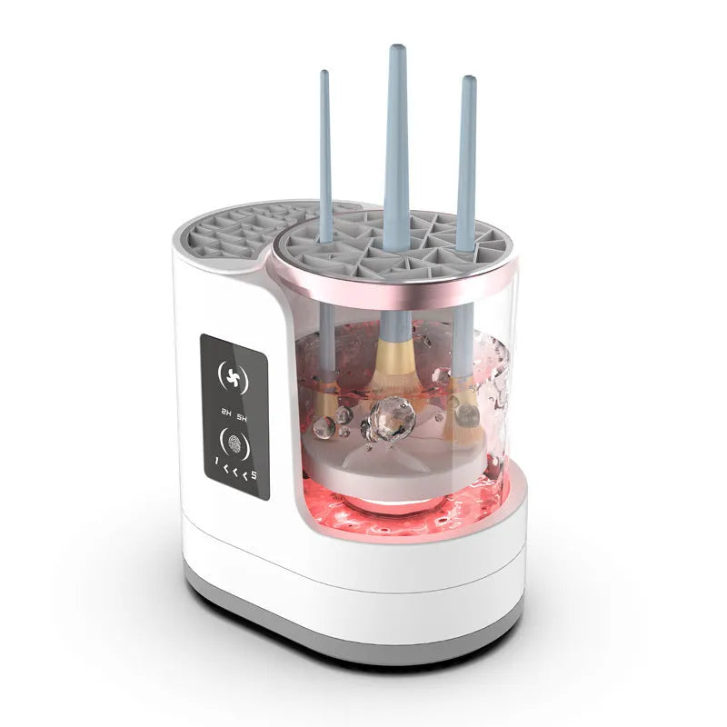 White rechargeable electric makeup brush cleaner with drying chamber and control buttons