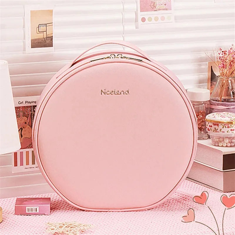 Round smart LED makeup bag with mirror lights in cherry blossom pink, PU leather, 29x28x11cm