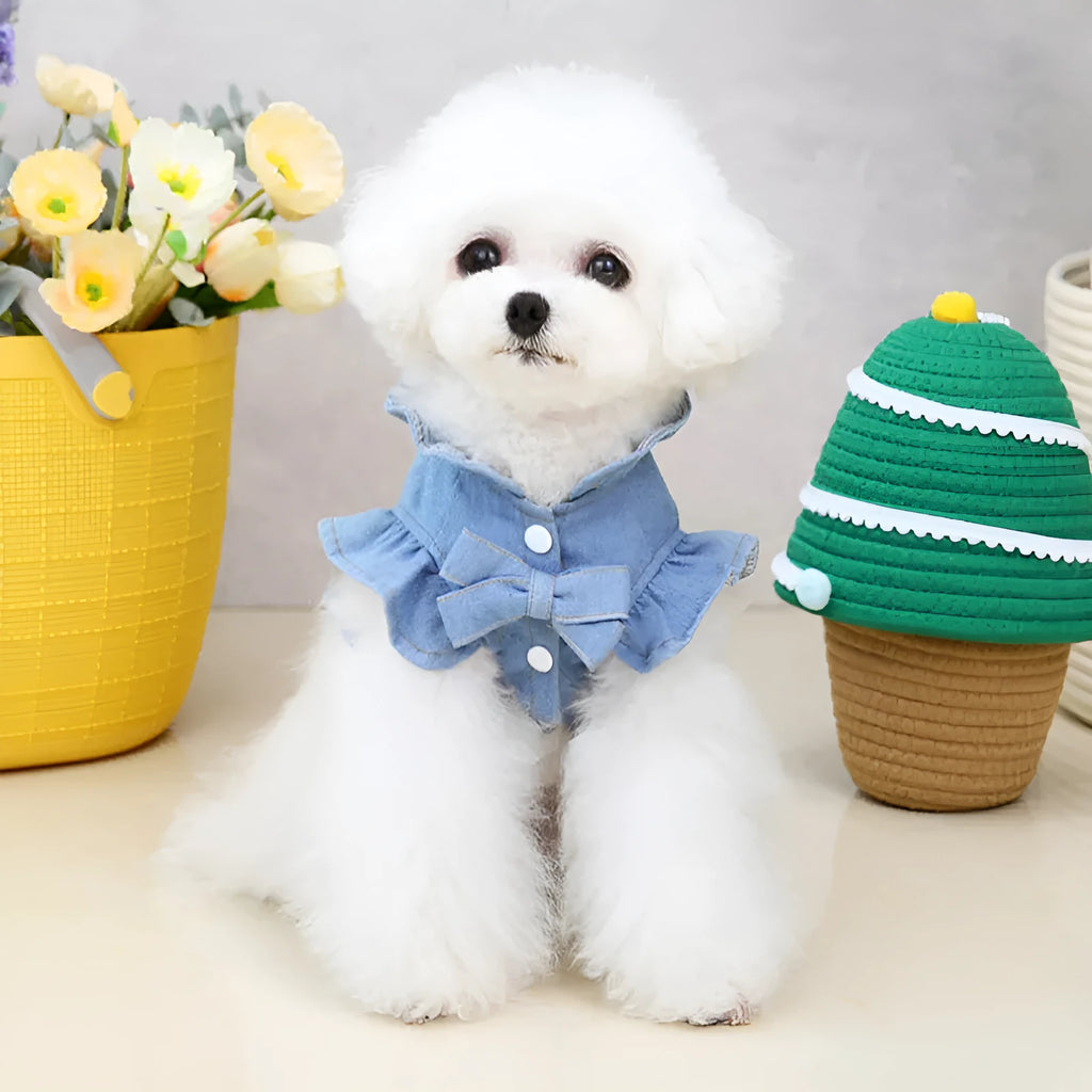Blue denim pet dress with ruffles and integrated vest harness for dogs or cats