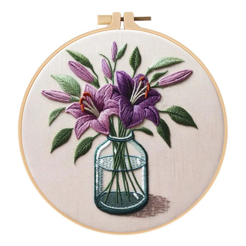 Cotton and linen embroidery fabric 28x28cm with purple lily flower design and imitation bamboo frame stand
