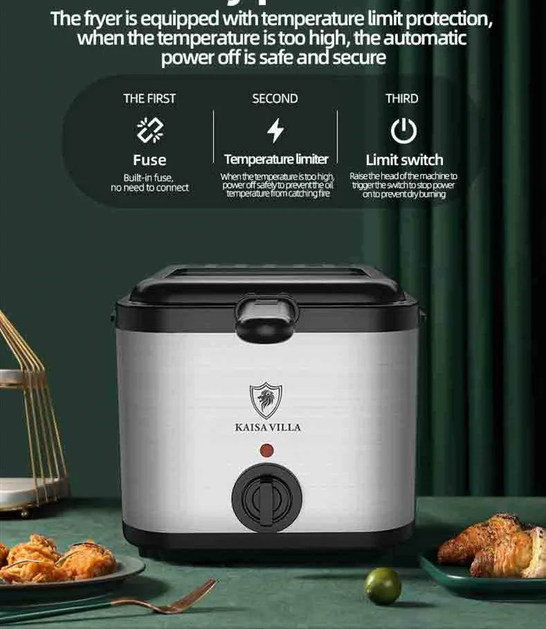 Silver electric air fryer with detachable basket showing stainless steel and plastic construction