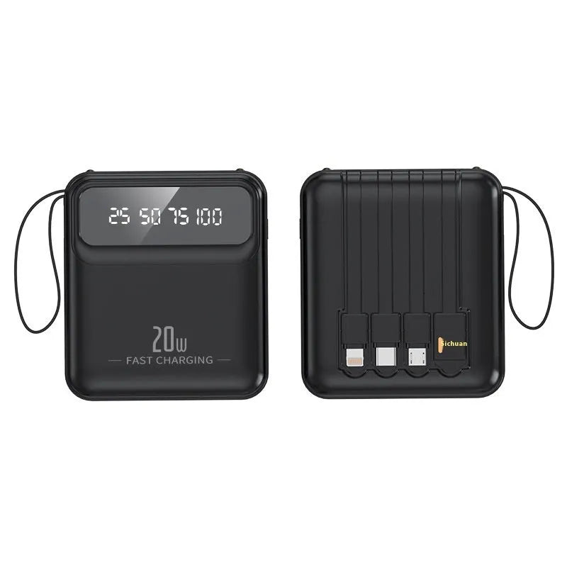 Mini power bank with four built-in cables and digital display in beige colour