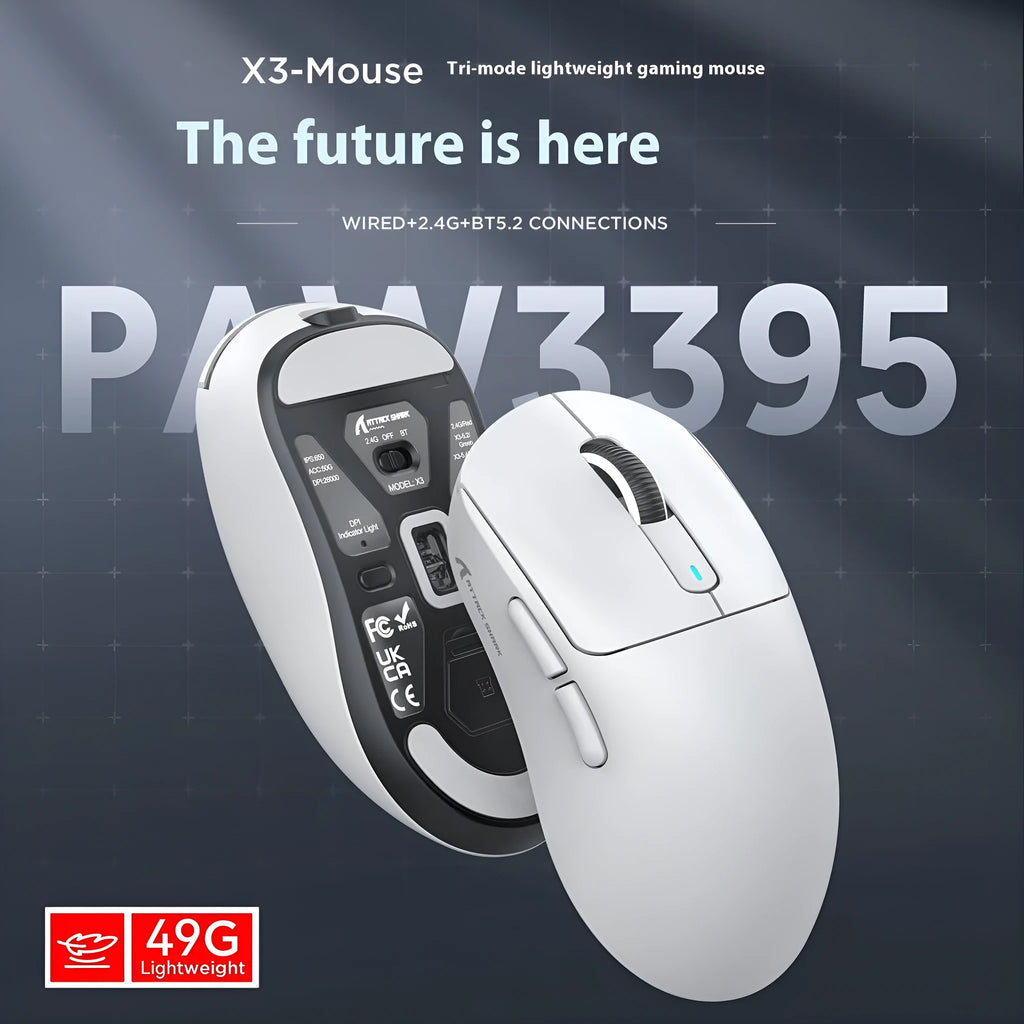 Three-mode rechargeable mouse for laptops showing Black, White, Lavender, Red, and Orange colour options