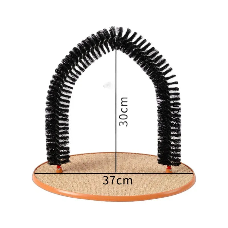 Black arch-shaped plastic cat grooming device with a mop and scratching surfaces, featuring a plush mouse toy.