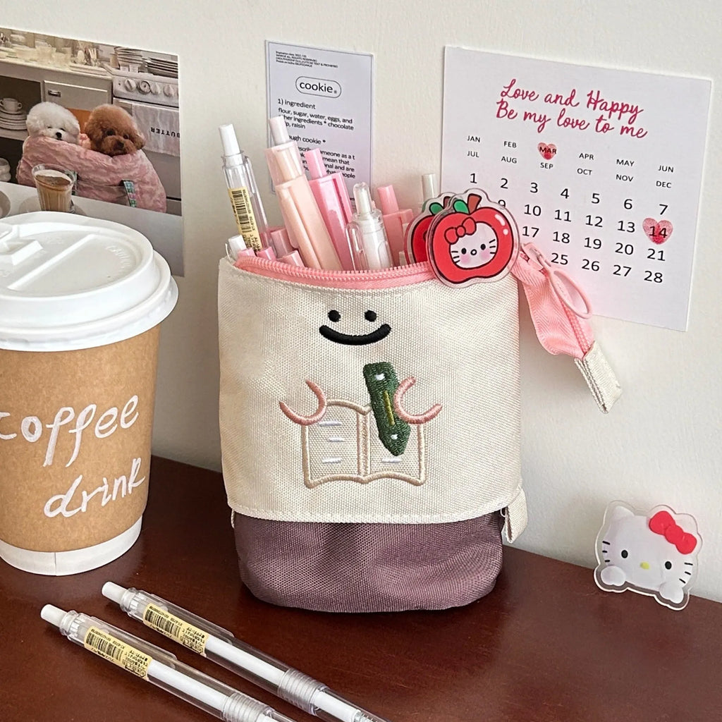 Cartoon Korean style collapsible pencil case in Oxford fabric measuring 17cm by 14cm