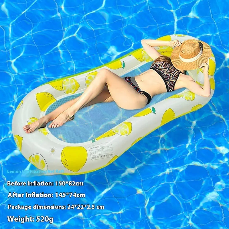 Inflatable floating row pool lounger in thick PVC showing gradient colour and sequinned design options.