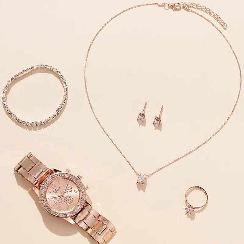 Women's casual quartz watch suit with alloy case and jewellery set in silver rose gold gold