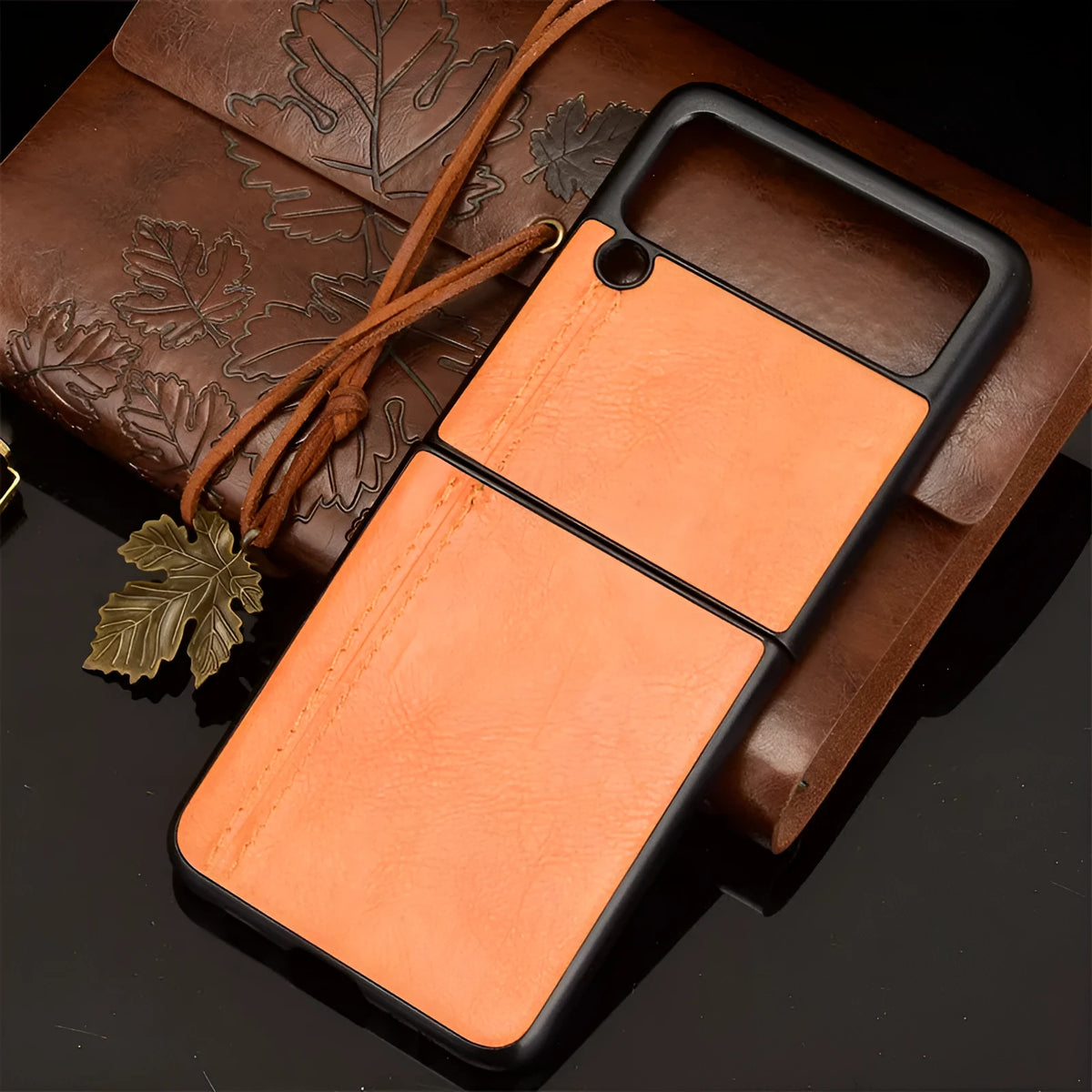 Cow pattern car thread phone case for Samsung Galaxy Z Flip 3 and 4, PC leather back cover in black.