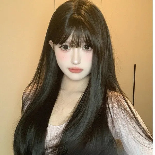Dark brown full-head synthetic wig with long straight hair and bangs for round face shapes