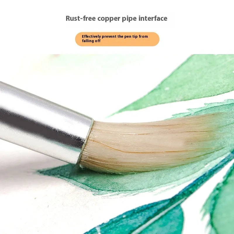 Set of six wooden-handled artist brushes with pointed synthetic wool bristles on a white background.