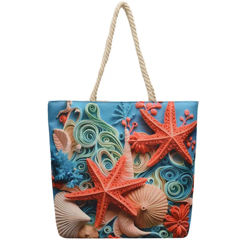 A soft cotton and linen string shoulder handbag with two straps and an open outer pocket.