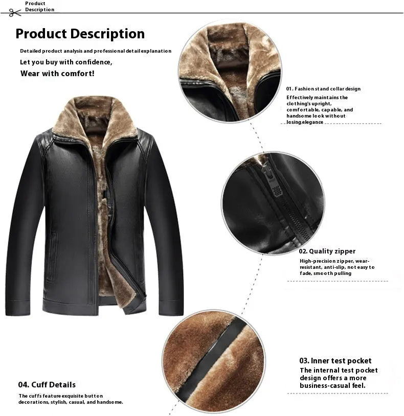 Men's fur one-piece artificial leather coat with velvet finish, black colour, straight hem design