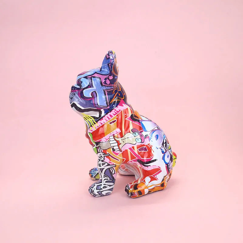 Modern French Bulldog resin statue with graffiti finish, measuring 17x11.5x22cm