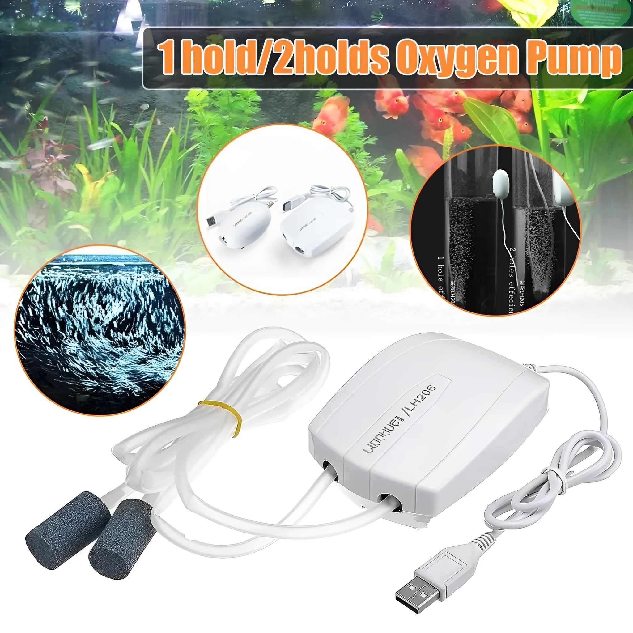 White ABS aquarium air pump with single outlet and air stone for fish tank oxygenation