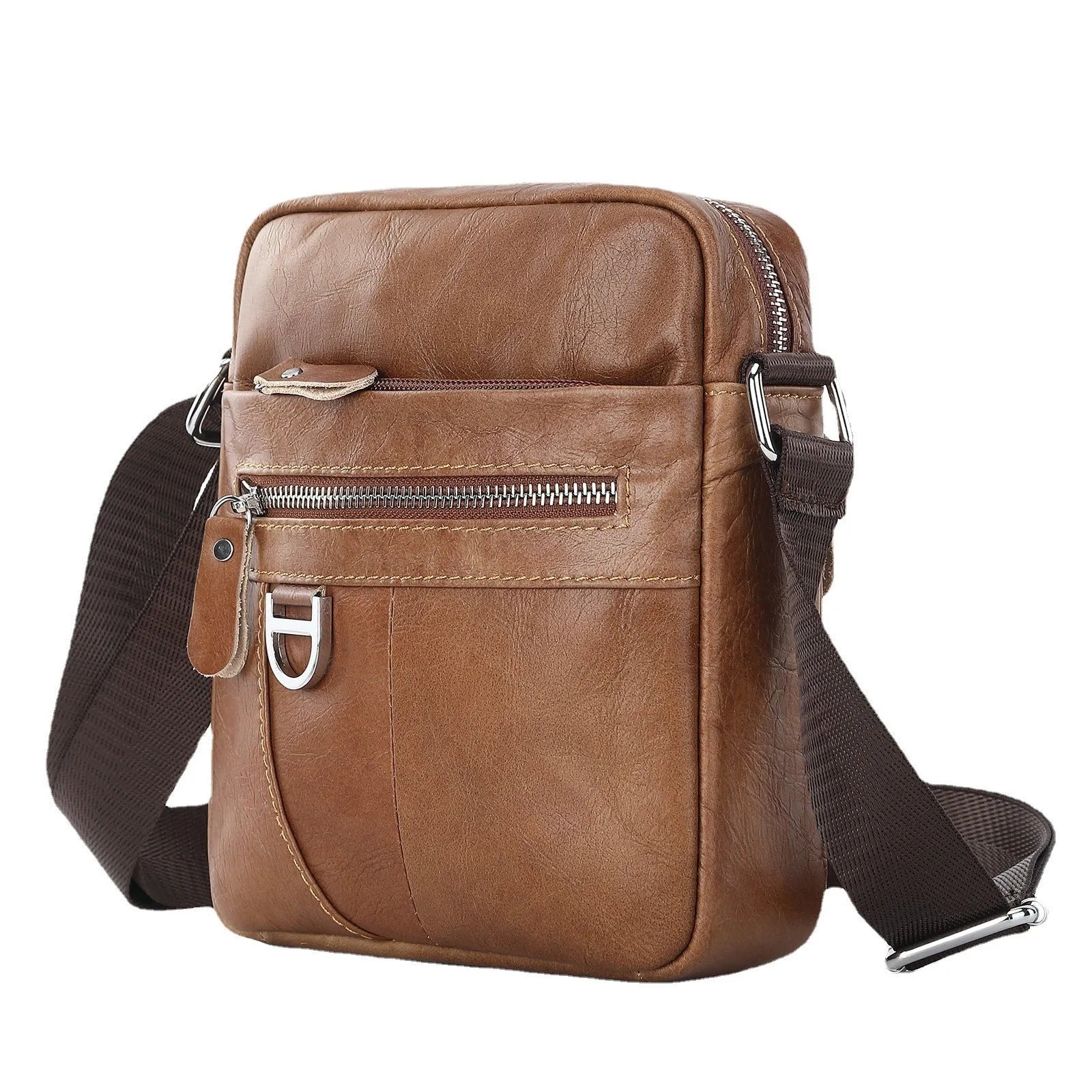 Genuine cowhide leather messenger bag for boys in black or brown with visible sewing lines