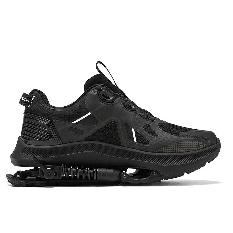 Black running shoes with mesh upper, leather stitching details, and buckle fastening
