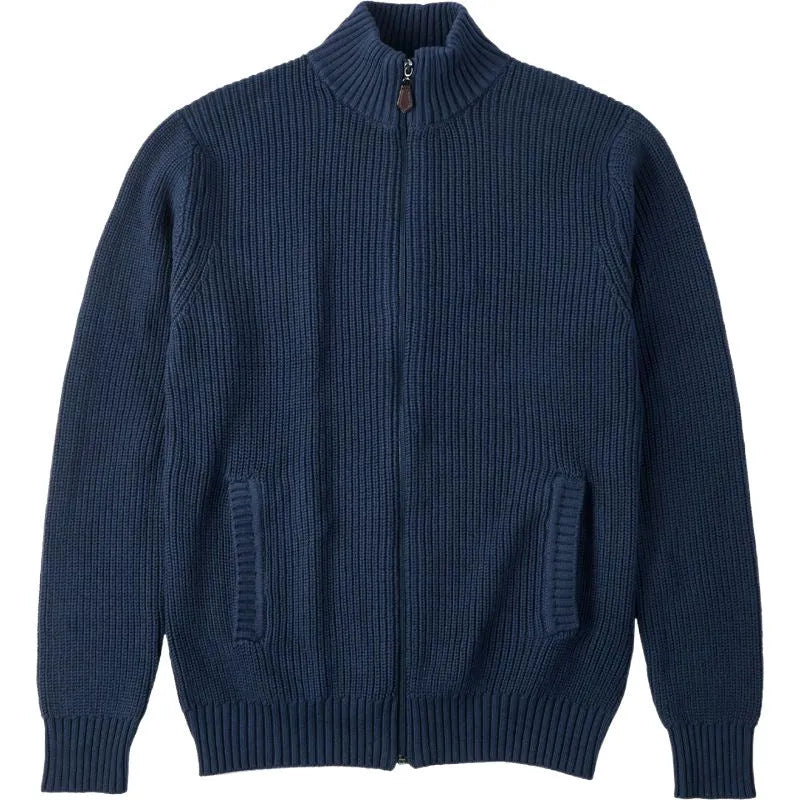Men's half-high collar cardigan sweater slim jacket in sapphire blue with batwing sleeves front view