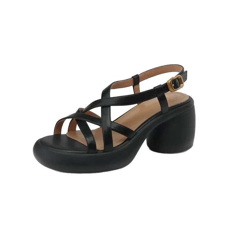 Retro PU high heel sandals for women, open toe, mid heel, ankle-strap buckle, black colour