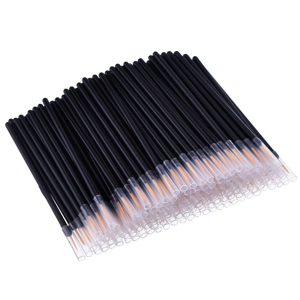 Pack of 100 black disposable eyeliner brushes with fine points and plastic protective sleeves.