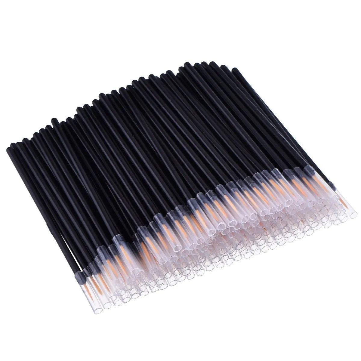 Pack of 100 black disposable eyeliner brushes with fine points and plastic protective sleeves.