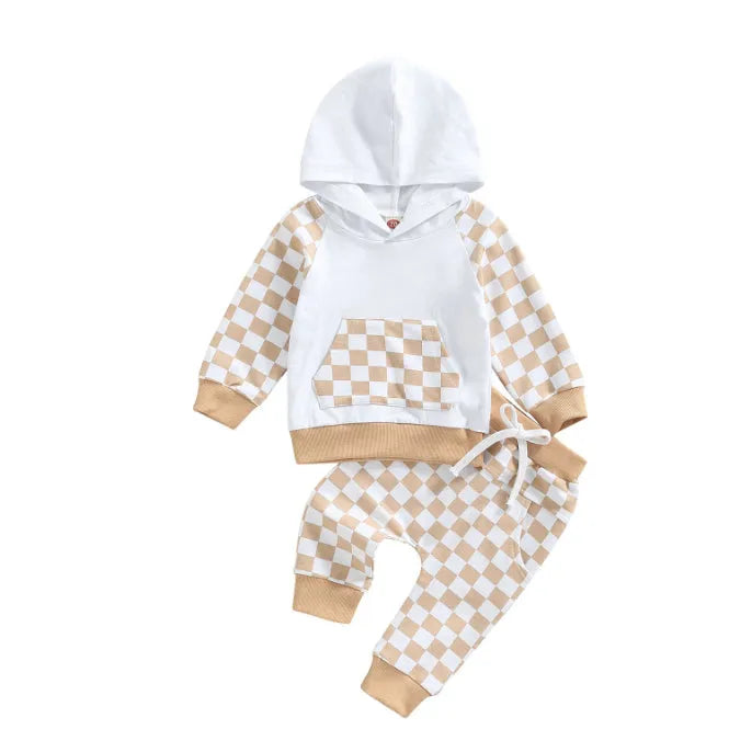 Boys' plaid patchwork cotton hoodie and trousers suit in beige and black neutral colours