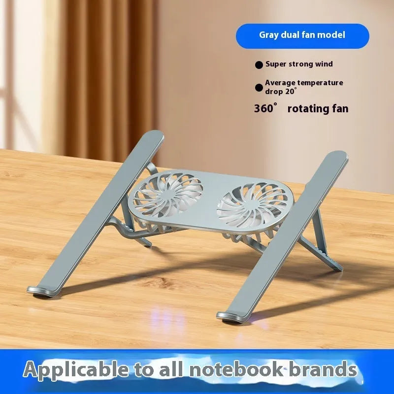 Silver aluminium laptop cooling stand with twin fans and adjustable height mechanism folded for storage