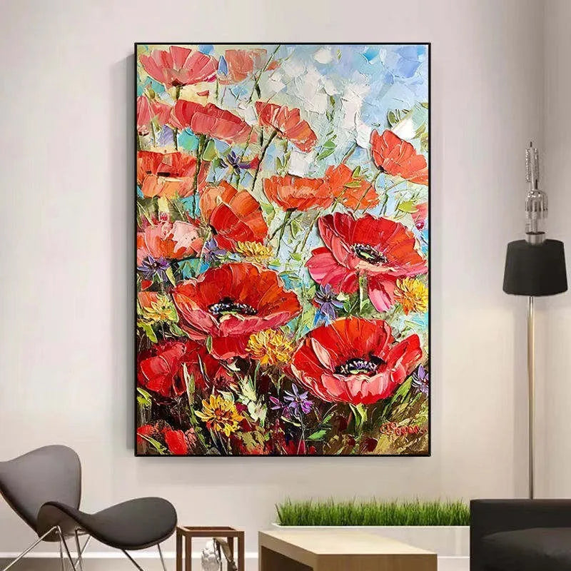 Handmade thick oil red flowers modern canvas wall art unframed