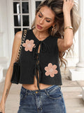 Women's short lace-up vest cardigan with bow detailing in deer plush polyester fabric