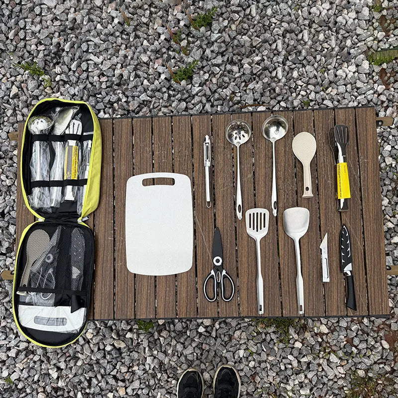 Multi-functional portable picnic bag containing a 12-piece stainless steel kitchenware set for outdoor dining.