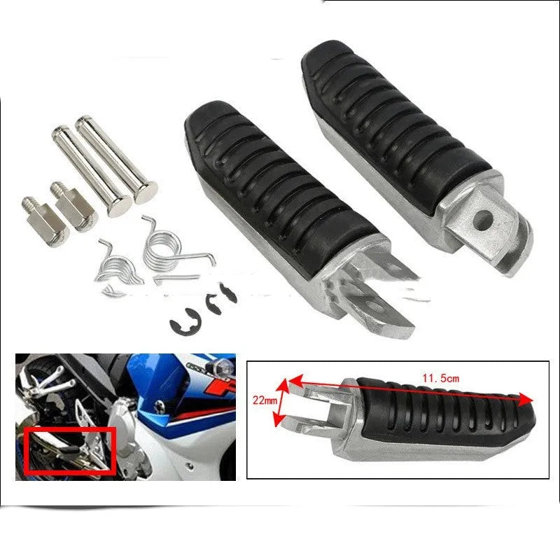 Black aluminium alloy motorcycle foot pegs set for Suzuki Hayabusa and V-Strom models.