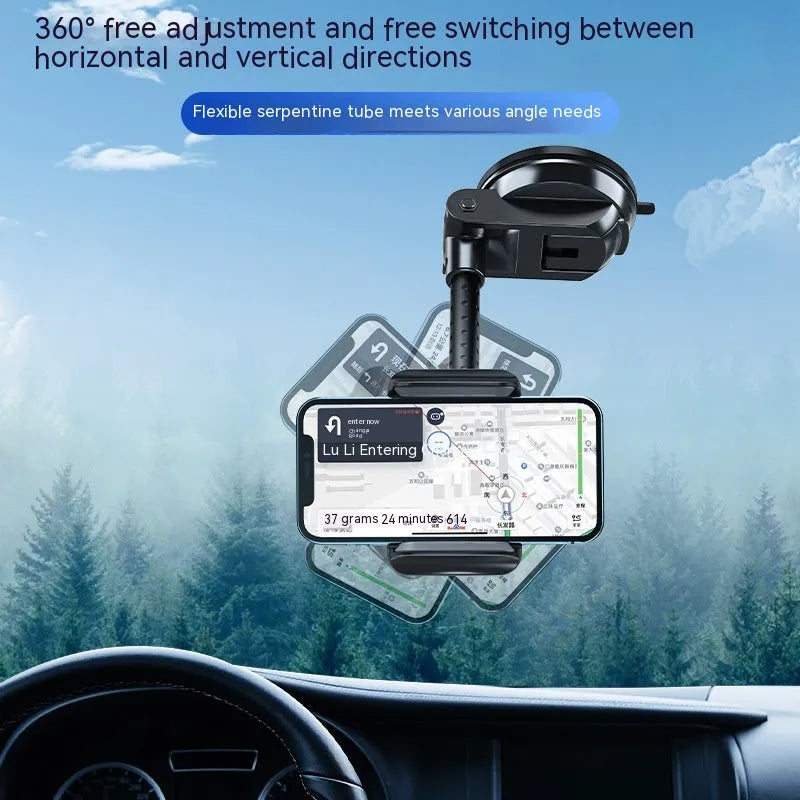 Black rotating metal car phone bracket with multi-angle adjustment for universal phone mounting