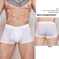 Men's striped nylon underwear with thin transparent fabric and elastic waistband in black, dark grey and white colours